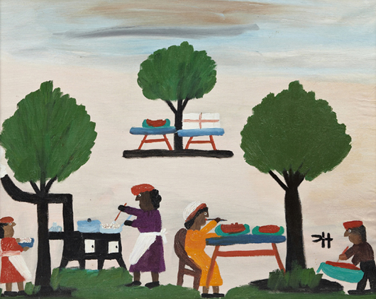 Oil on board folk art rendering by Clementine Hunter (1887-1988) titled ‘The Watermelon Picnic.’ Crescent City Auction Gallery image.